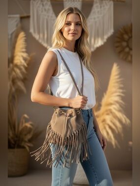 Isadora Fringe Suede Leather Crossbody Bucket Bag Drawstring Hobo Boho Taupe
